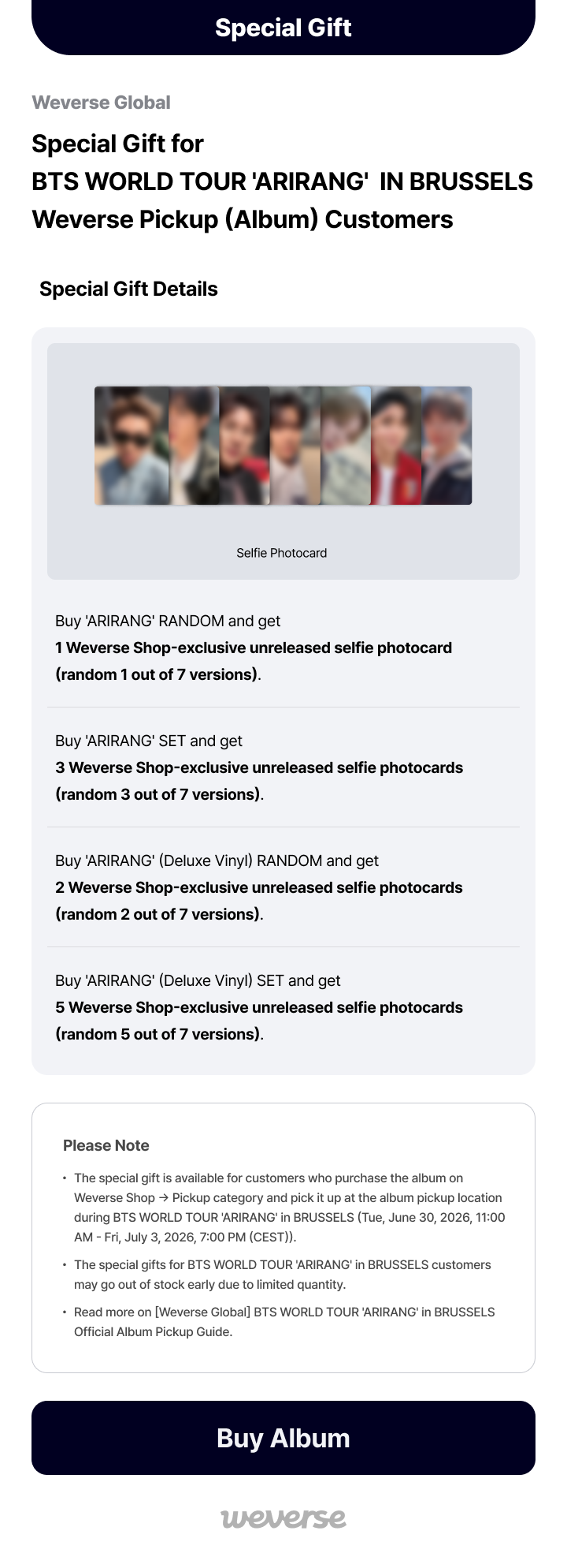 Weverse Global] BTS WORLD TOUR 'ARIRANG' IN BRUSSELS Special Gift