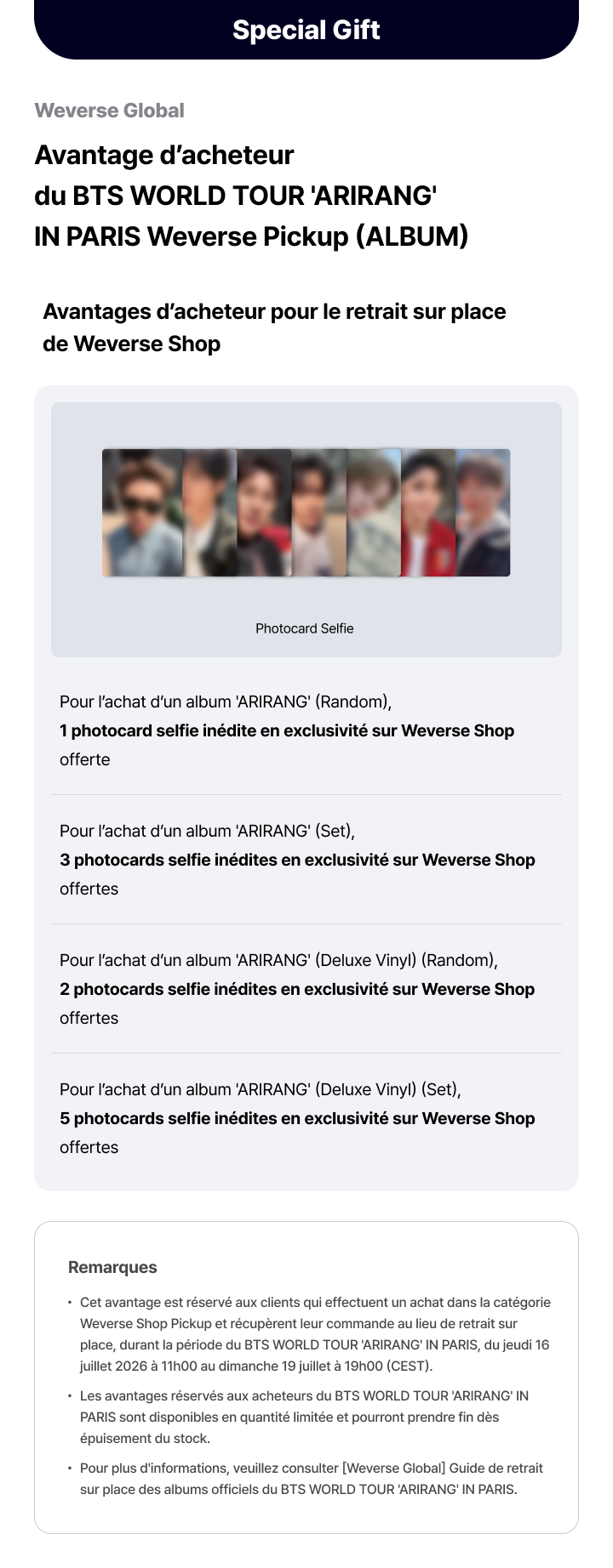 BTS WORLD TOUR 'ARIRANG' IN PARIS Special Gift for Weverse Pickup