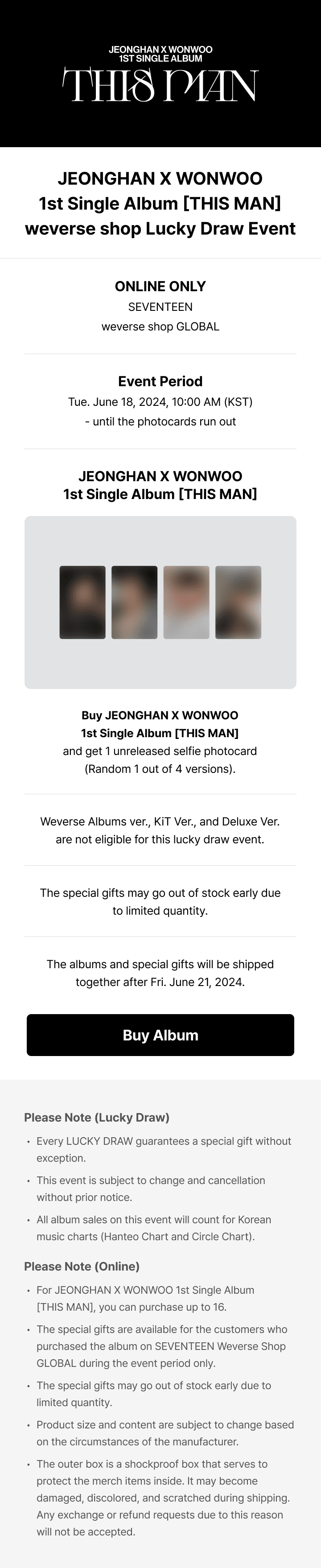 [LUCKY DRAW] 정한X원우 1st Single Album ‘THIS MAN’ 1 detail