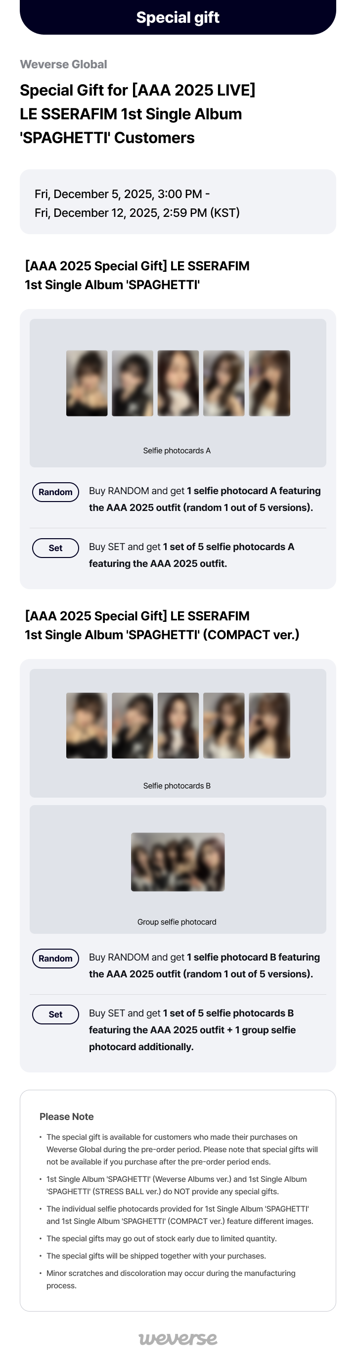 LE SSERAFIM SPAGHETTI AAA 2025 特典A　5種セット Weverse Global] Special Gift for [AAA 2025 LIVE] LE SSERAFIM 1st