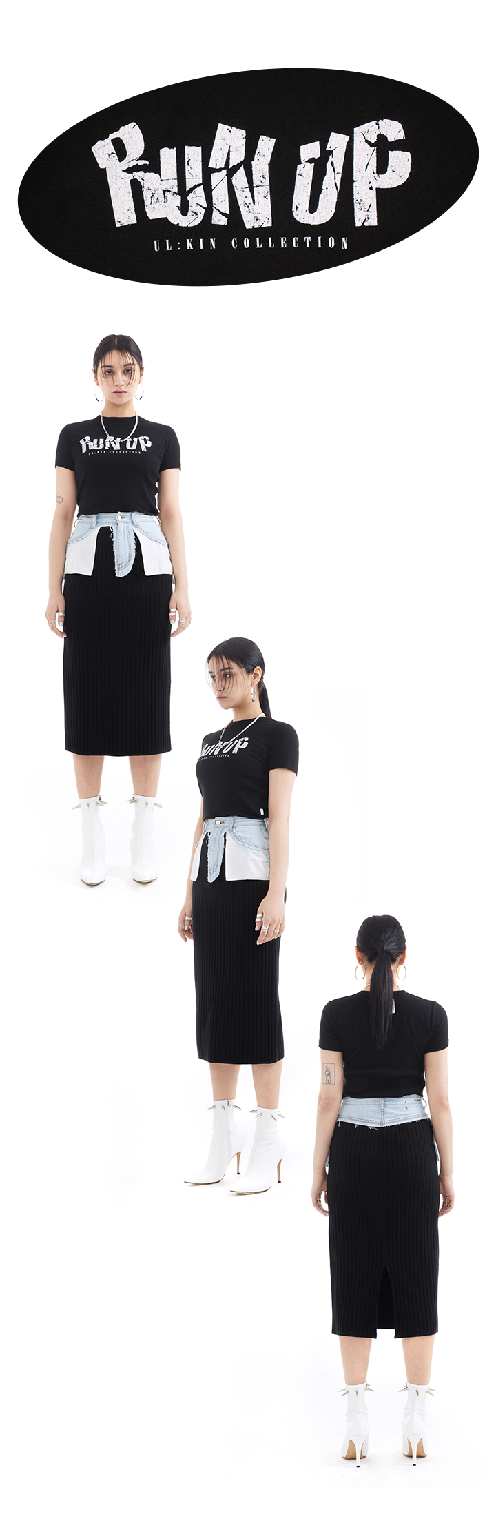 RUN UP Print Tight T-Shirts (Black) 1 detail
