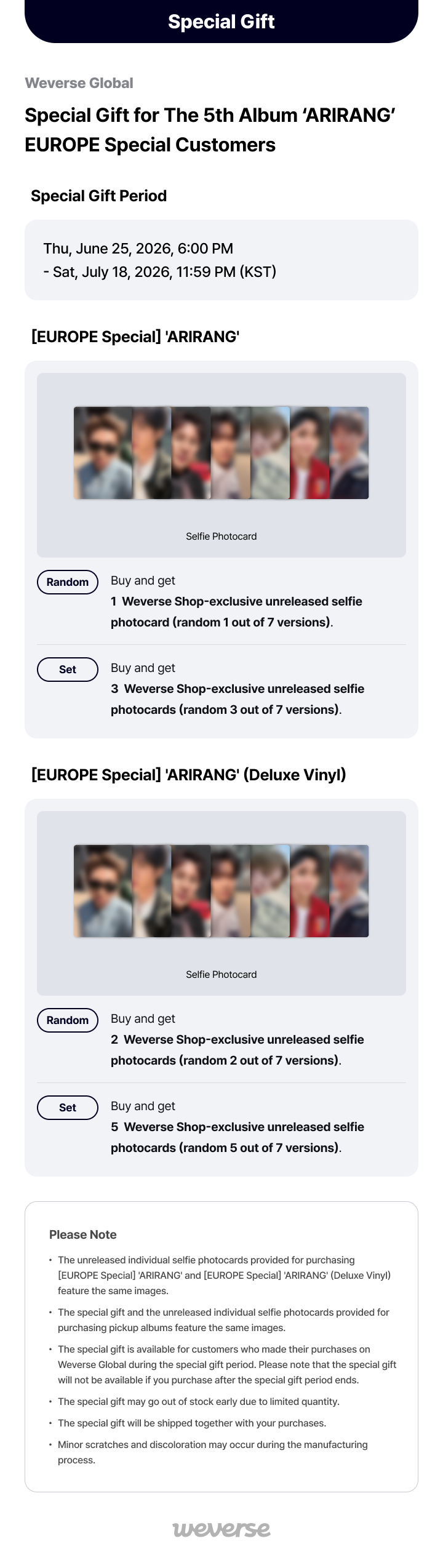 Weverse Global] Special Gift for The 5th Album 'ARIRANG' EUROPE